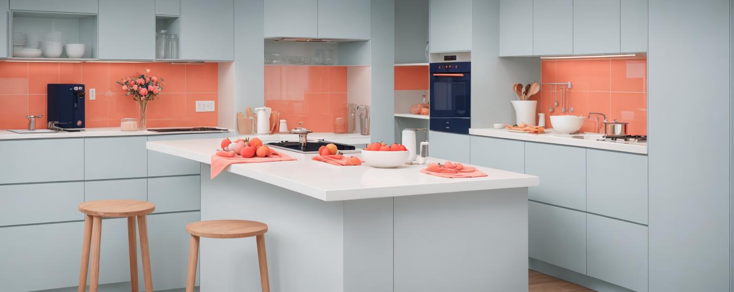 navy blue and coral kitchen