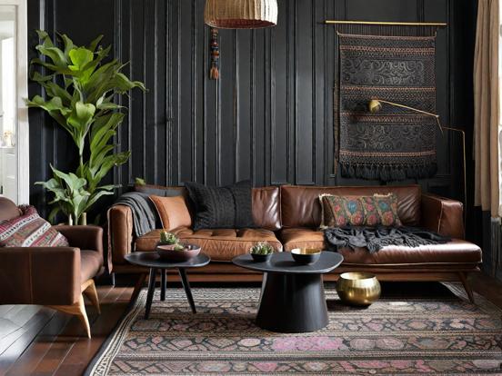 Dark teal sofa in moody room