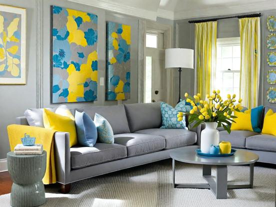 Living room blue yellow decor