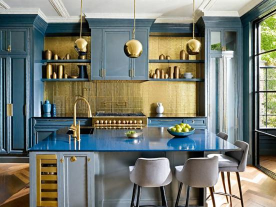 Blue gold kitchen closeup