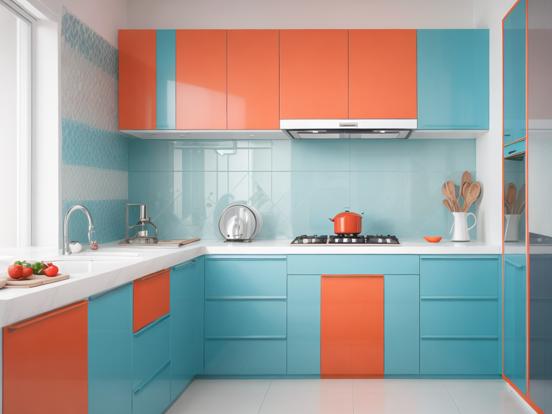 Modern teal orange kitchen closeup