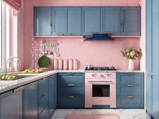 Closeup pink blue kitchen