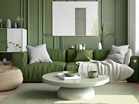 Green living room with sofa