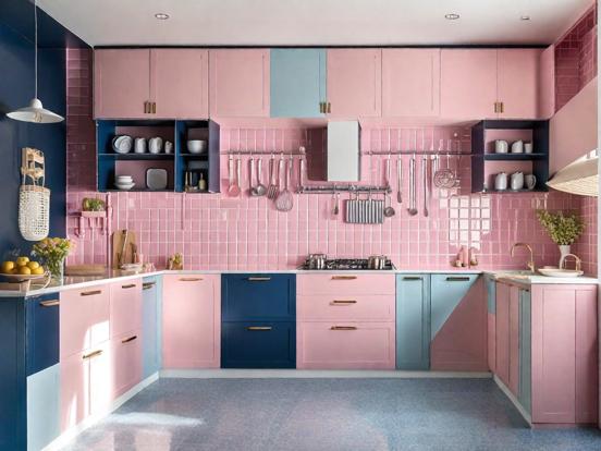 Retro pink blue kitchen