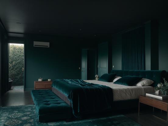 Bedroom with bed green rug teal light