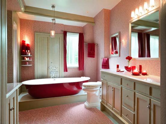 Red tub white toilet pink bath