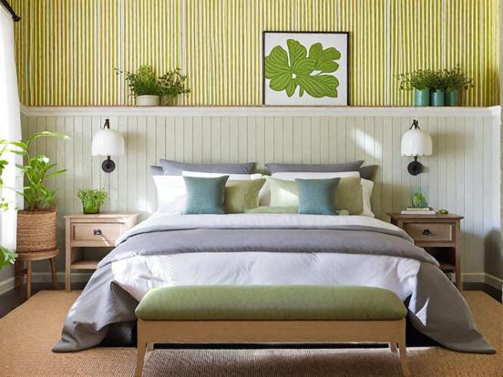 Green white bed serene room