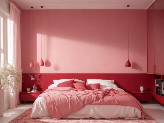 Closeup of pink bed in bright room