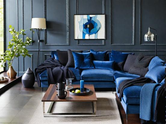 Blue couch in dark living room