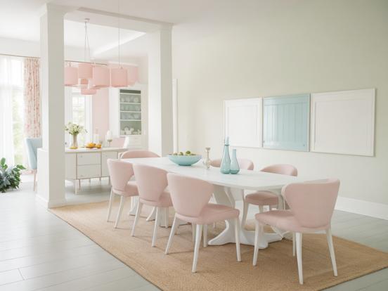 White table pink chairs vase