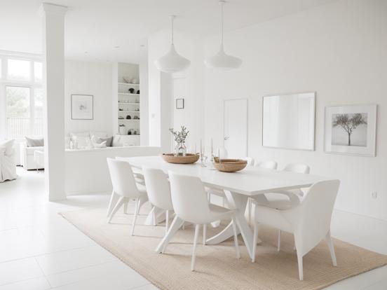 White dining table chairs bowl