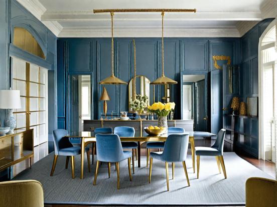 Blue gold dining room closeup