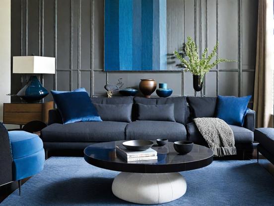 Blue living room blue couch rug