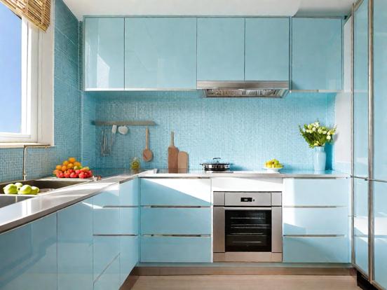 Closeup luxury kitchen teal blue