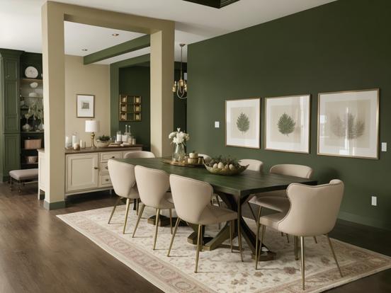 Green dining room with rug