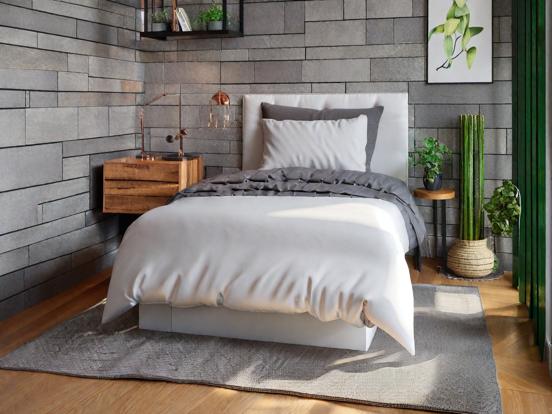 Bed white comforter wood stand