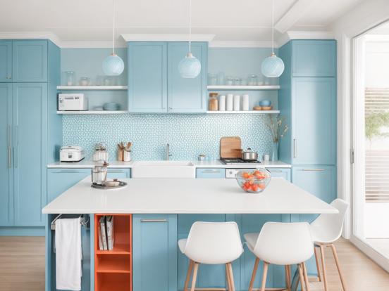 Modern blue white kitchen closeup