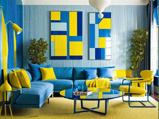 Blue yellow living room decor