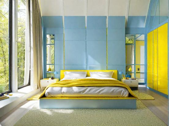 blue and yellow bedroom