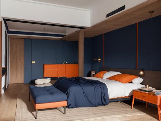 Cozy retro blue orange bedroom