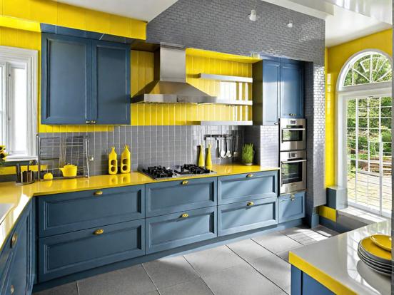 Bright blue yellow kitchen