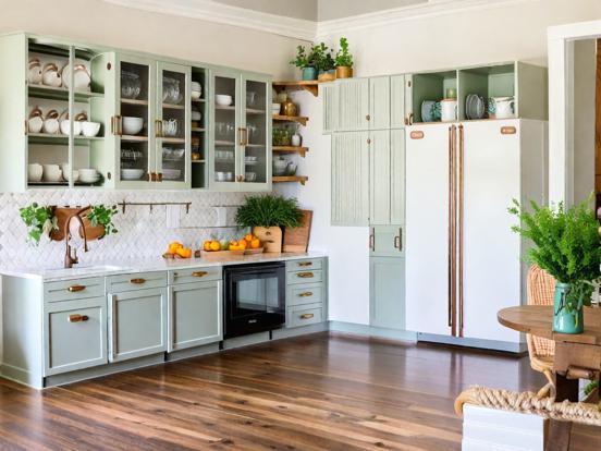 Kitchen wooden floor white fridge