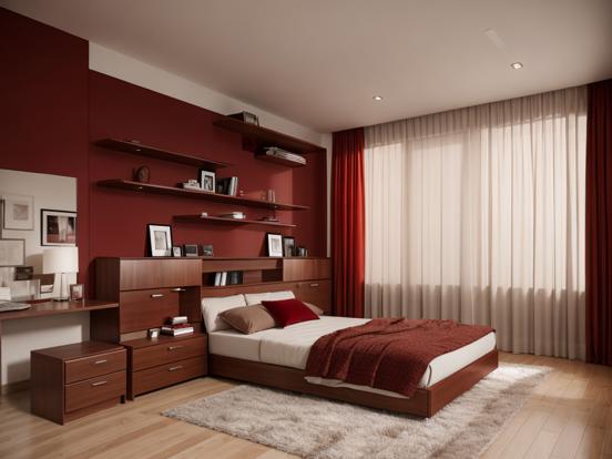 Red brown bedroom with desk