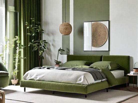 Green headboard bed closeup