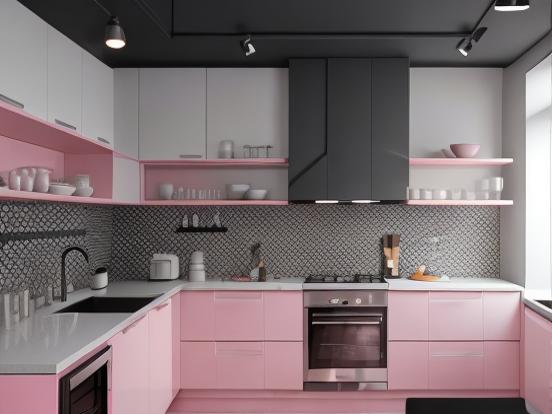 Pink kitchen black ceiling