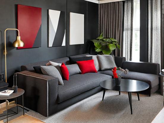 Red black gray living room