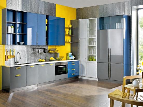 Blue yellow kitchen closeup