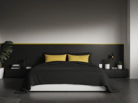 Black yellow bedroom bed plant