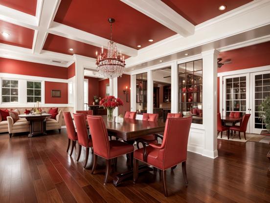 Closeup dining room red grey