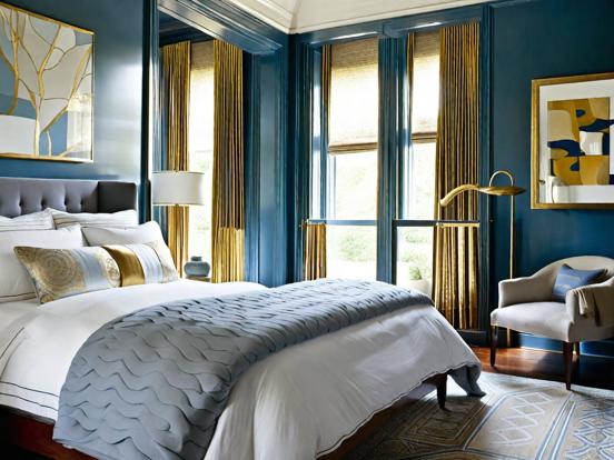 Blue gold bedroom closeup