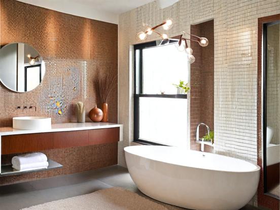 Luxury bathroom with golden tub