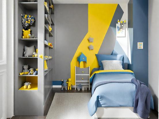 Blue yellow themed bedroom