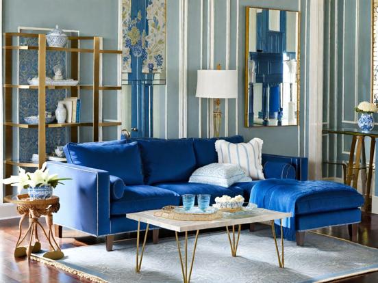 Blue couch living room decor