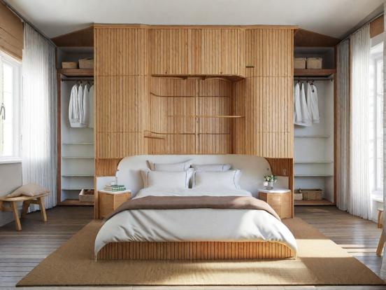 Serene wooden bedroom closeup