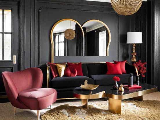 Living room with red gold decor