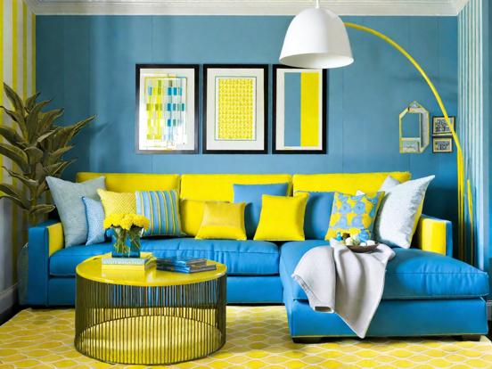 blue and yellow living room