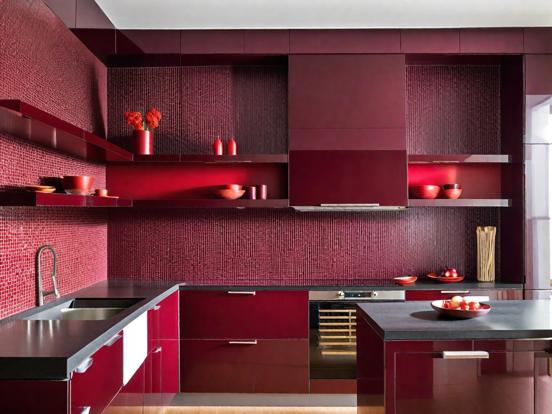 Luxury red grey kitchen closeup