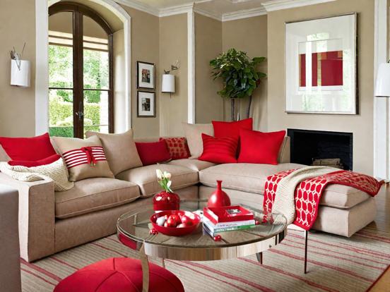 Red white living room decor