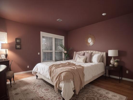 Red brown bedroom with desk