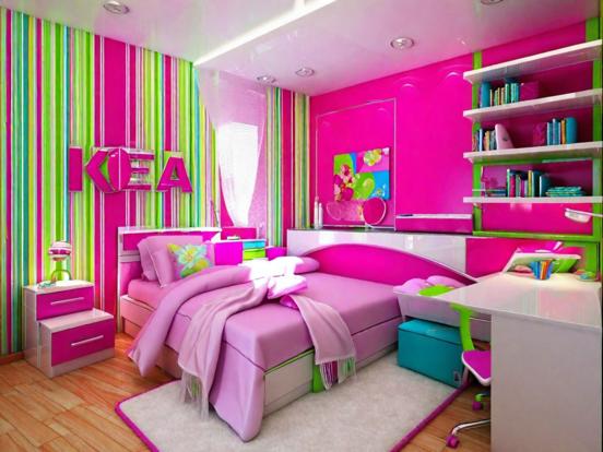 Pink girly bedroom green stripe