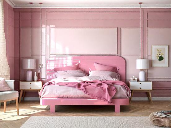 Pink bedroom with pink bed