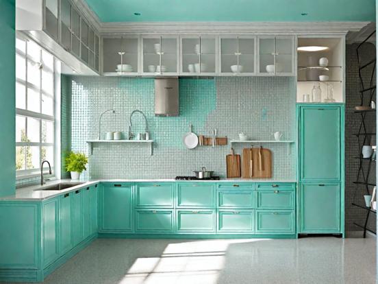 Teal kitchen blue fridge window