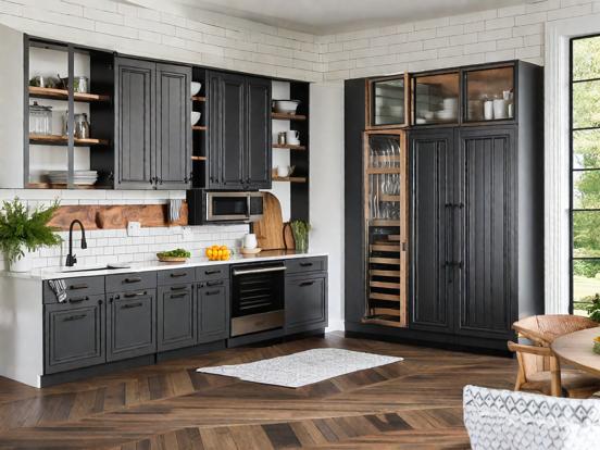 Kitchen wooden floor black cabinets