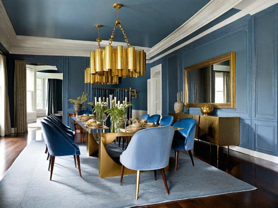 Blue gold dining room setup