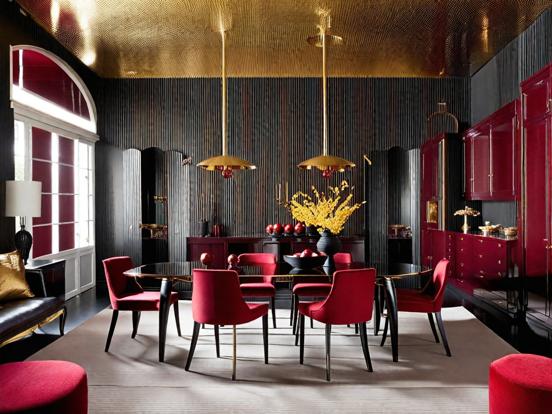 Rich red gold black dining room