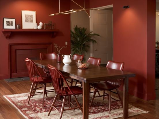 Cozy red-brown dining room with fireplace